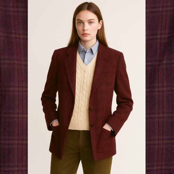 Burberry Jackets & Blazers - VTG Burberrys Scottish Lambswool Plaid Blazer Womens Sz 10 Burgundy 2 Button USA